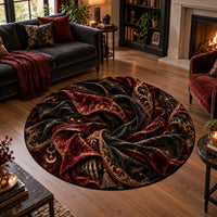 Midnight Spiral - Crimson and Gold Gothic Round Rug