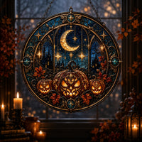 Harvest Moon Cathedral - Circular Stained-Glass-Look Window Hanging