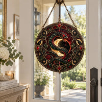 Coiled Under the Crescent - Serpent and Raven Round Window Hanging