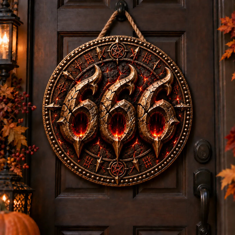666 in Ember Light - Round Wood Sign With Bite