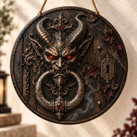 Iron Sentinel - Horned Knocker Motif in Gothic Relief
