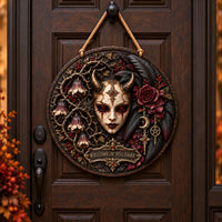 Welcome, If You Dare - Gothic Horned Muse Round Wood Sign