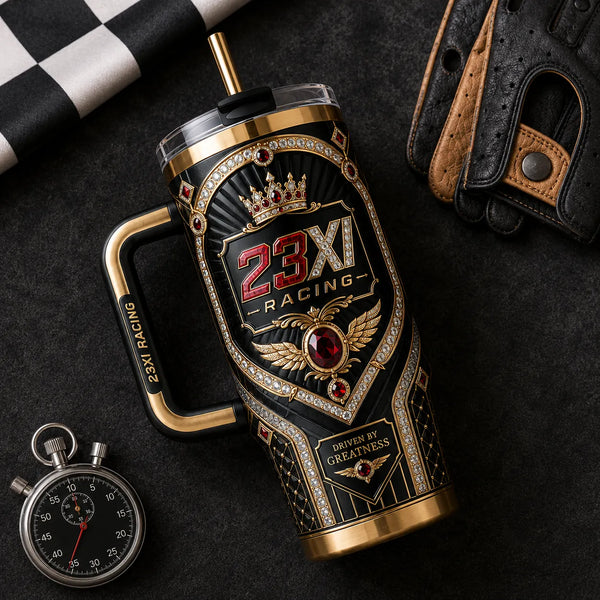 Driven By Greatness - 23XI Crest Tumbler in Black and Gold - main