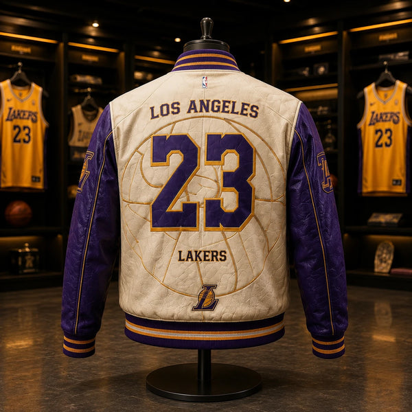 LAL Cream and Purple - Varsity Jacket With Courtside Confidence - main